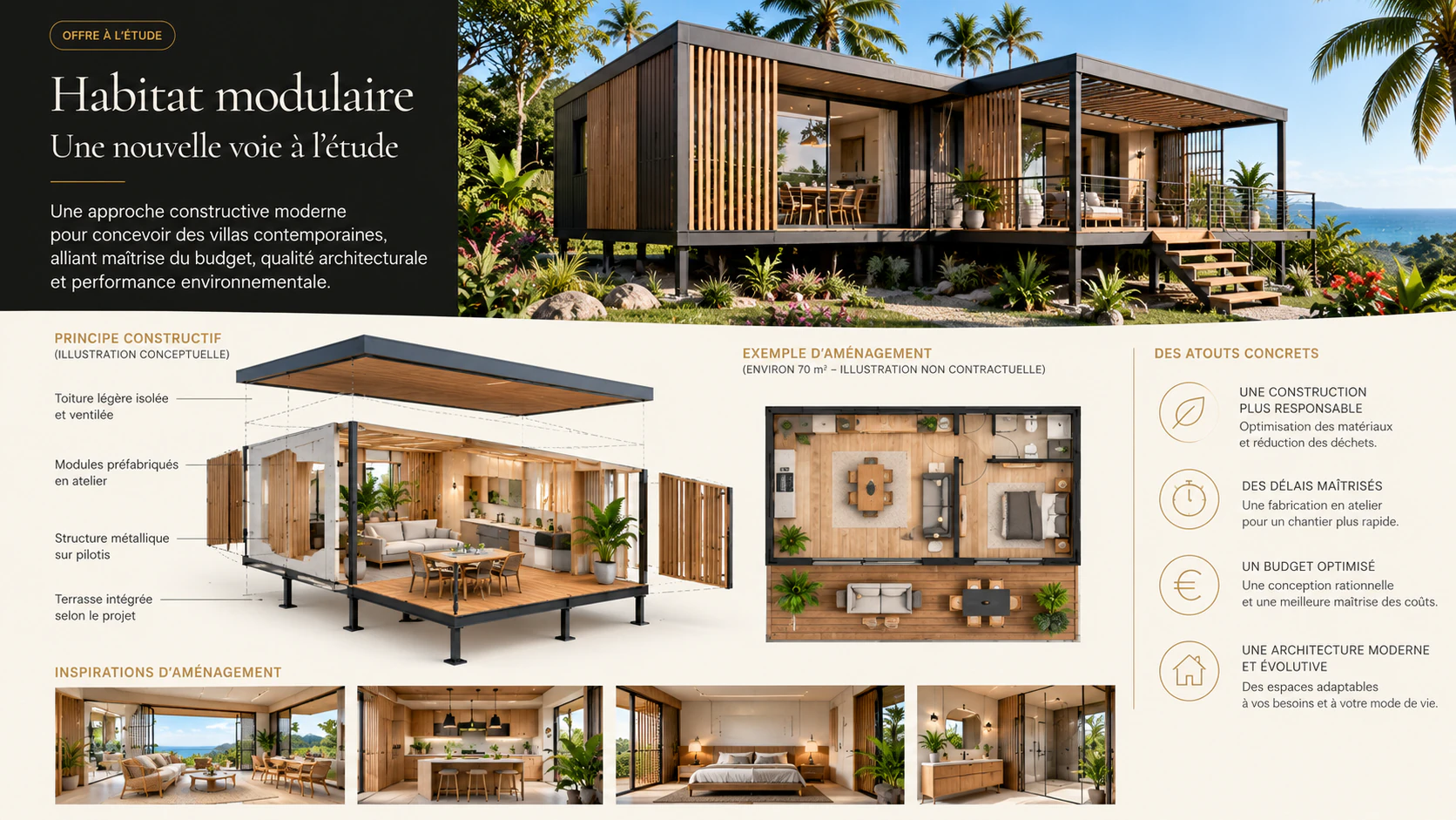 Illustration conceptuelle d’habitat modulaire : villa contemporaine, principe constructif, exemple d’aménagement et inspirations intérieures.